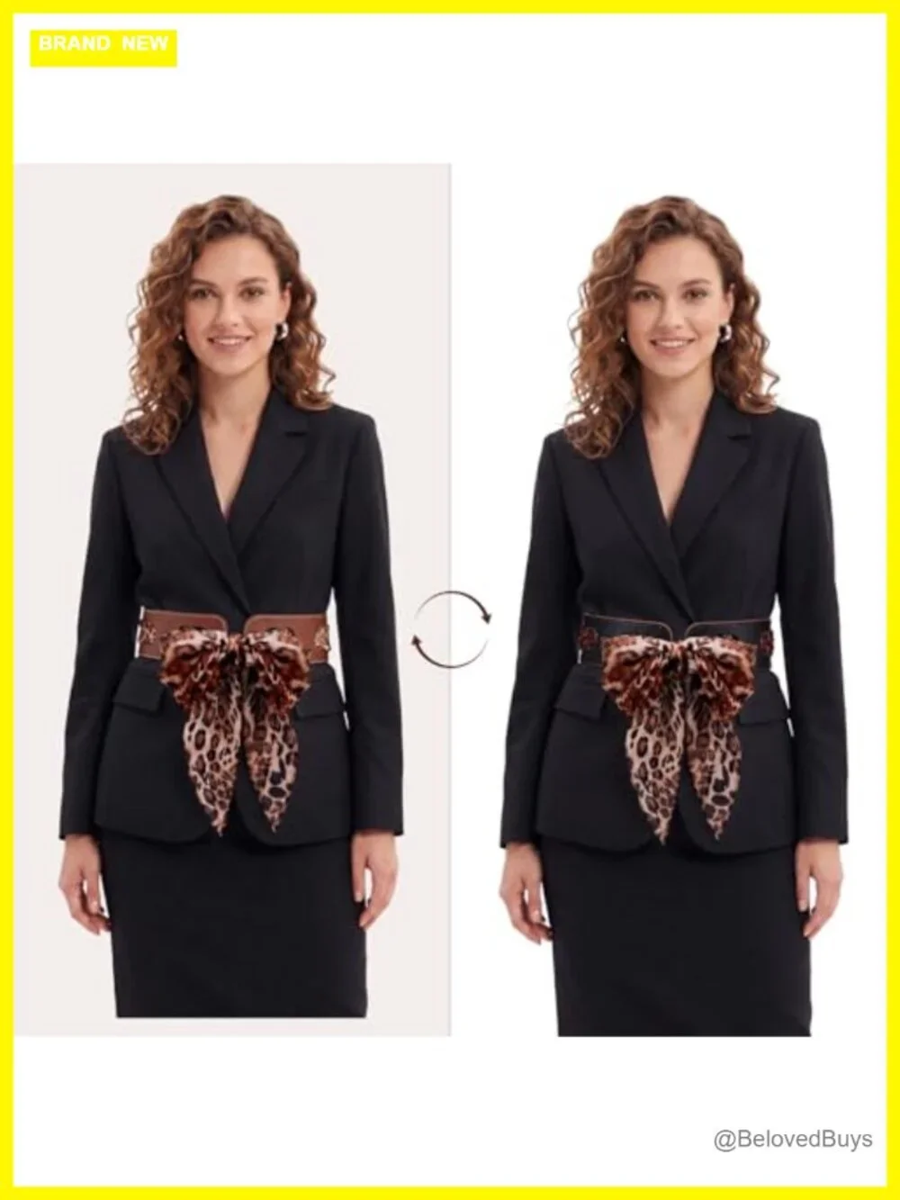 Women's Reversible PU Leather Scarf Belt Set with Leopard Print Chiffon Scarf -
